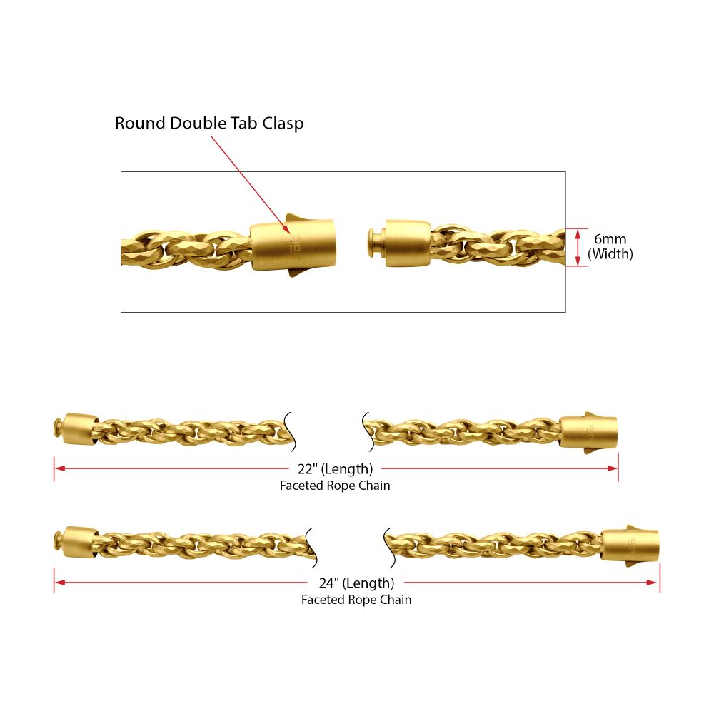 6mm 18Kt Gold IP Matte Finish Stainless Steel Faceted Rope Chain Necklace