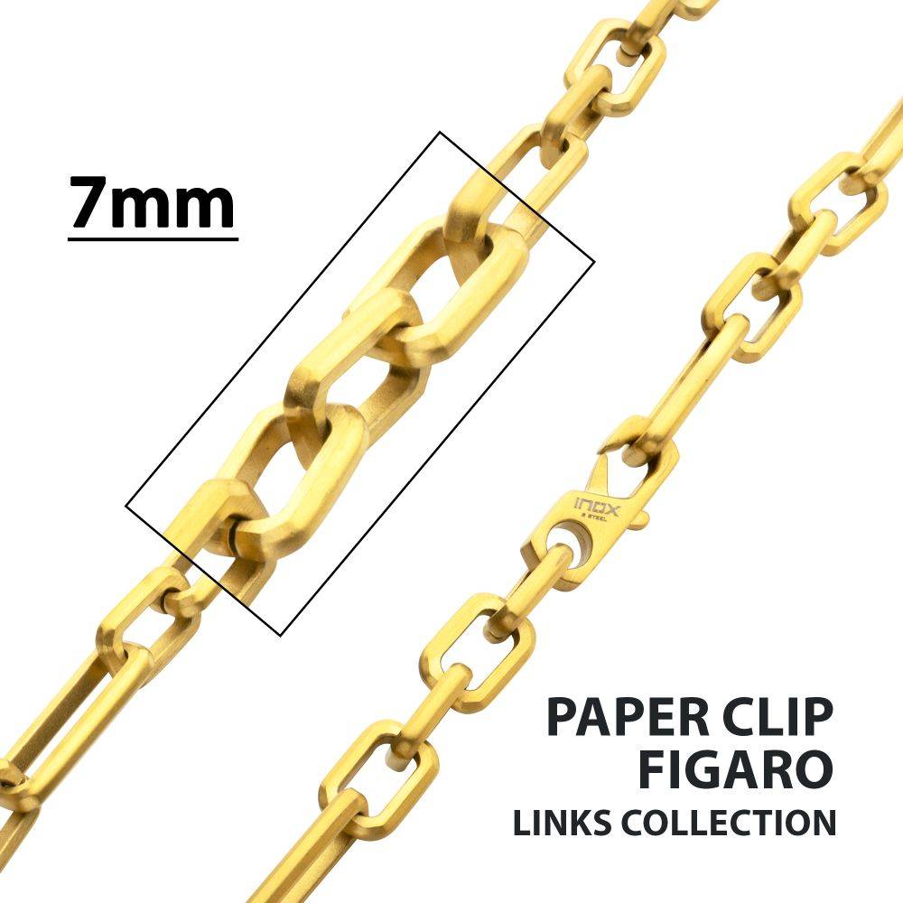 7mm 18Kt Gold IP Steel Brushed Finish Figaro Chain Necklace