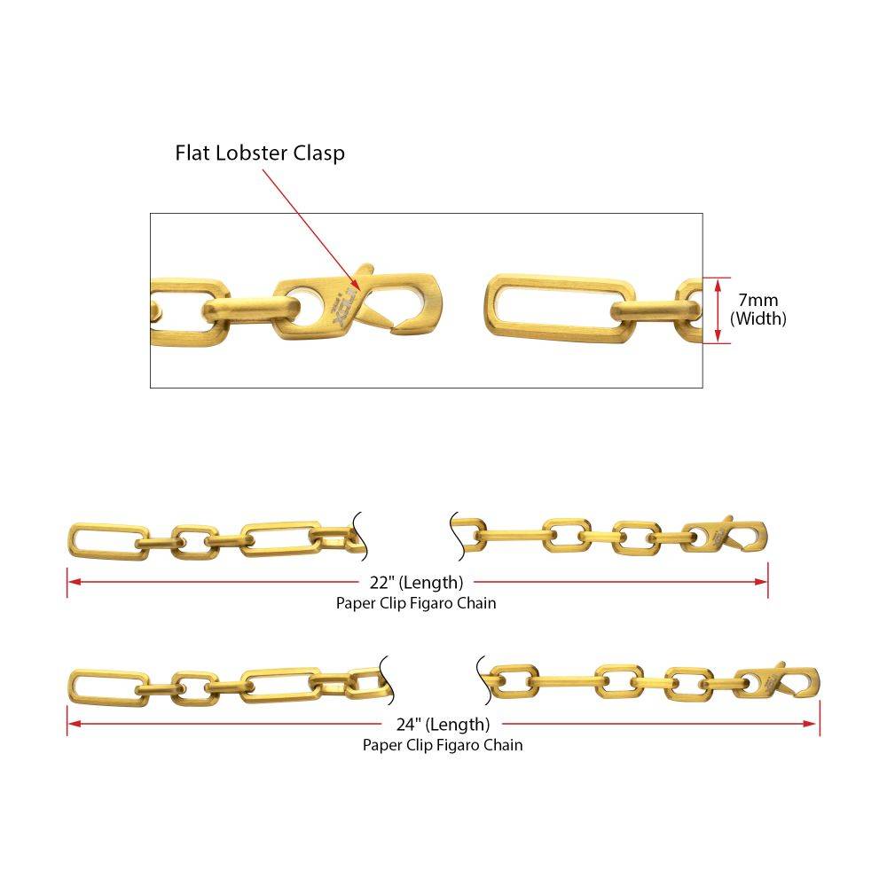 7mm 18Kt Gold IP Steel Brushed Finish Figaro Chain Necklace
