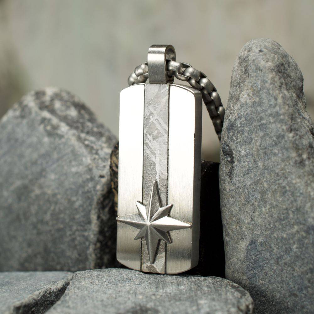Genuine Meteorite Inlay Dog Tag Pendant for Men