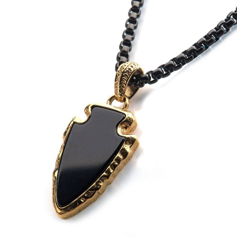Black Agate Stone Pendant with Chain - Modern Design