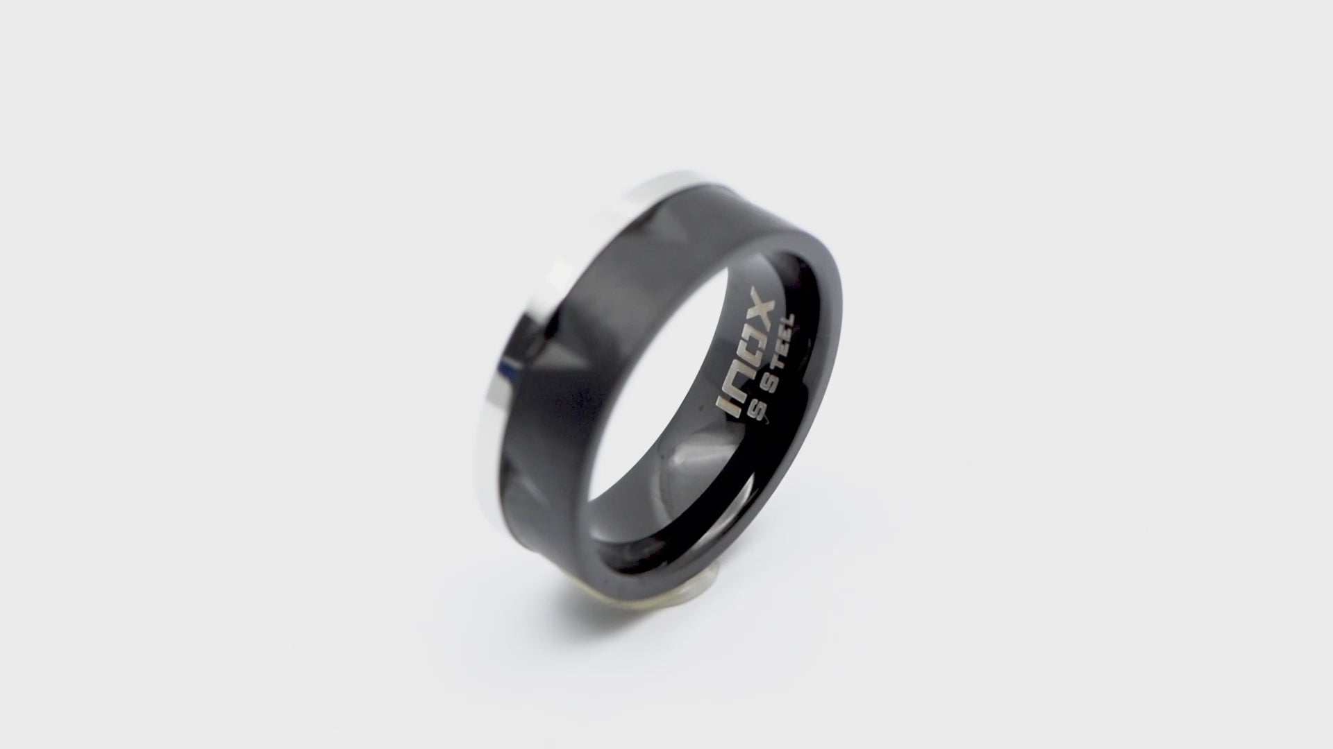 Black and Silver Tone Stainless Steel Matte and Polished Finish Accent Notch Band Ring