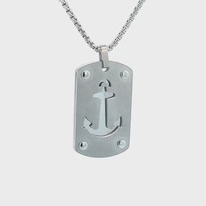Silver Tone Stainless Steel Anchor Tag Pendant with Box Chain