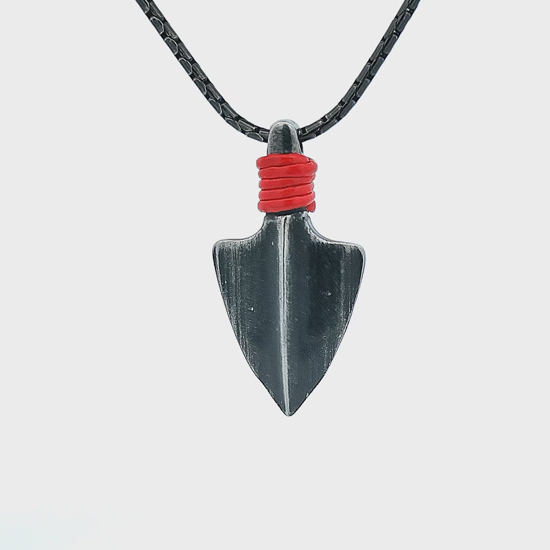 Stainless Steel Oxidized Finish Gunmetal Silver Tone with Red Leather Cord Arrowhead Pendant
