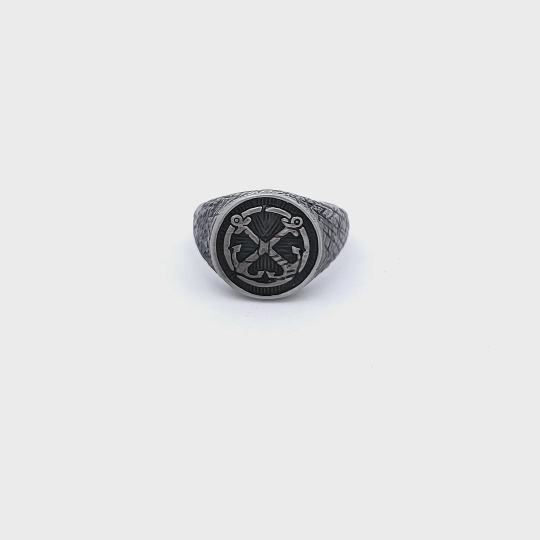 Black Stainless Steel Antique Finish Anchor Inlaid Ring