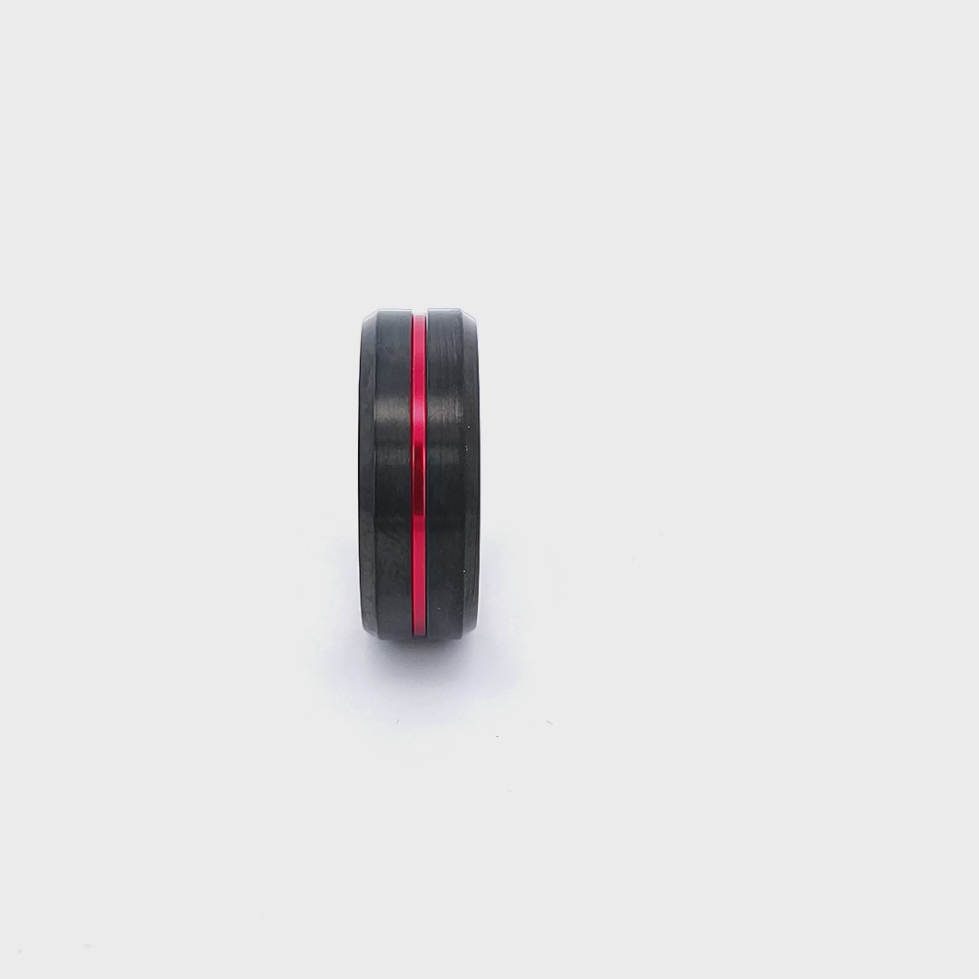 Black Stainless Steel with Inlaid Red Aluminum Beveled Wedding Band Ring