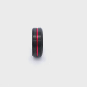 Black Stainless Steel with Inlaid Red Aluminum Beveled Wedding Band Ring