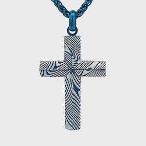 Blue Stainless Steel Damascus Religious Cross Pendant with Chain