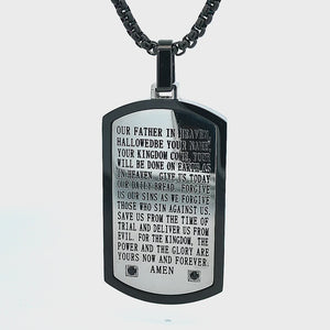 Silver Tone Stainless Steel with Black CZ Accented Religious Prayer Tag Pendant