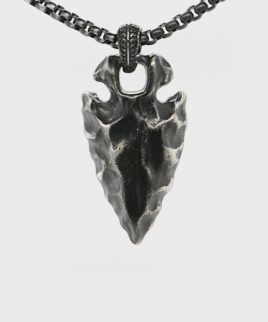Gunmetal Silver Tone Stainless Steel Chiseled Arrowhead Pendant with Box Chain