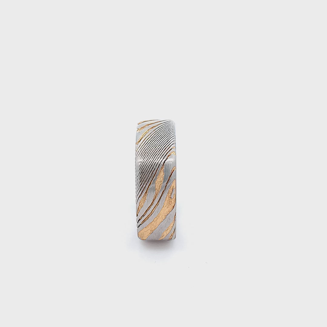 Damascus Steel 18K Gold Plated and Silver Tone 8mm Matte Square Ring