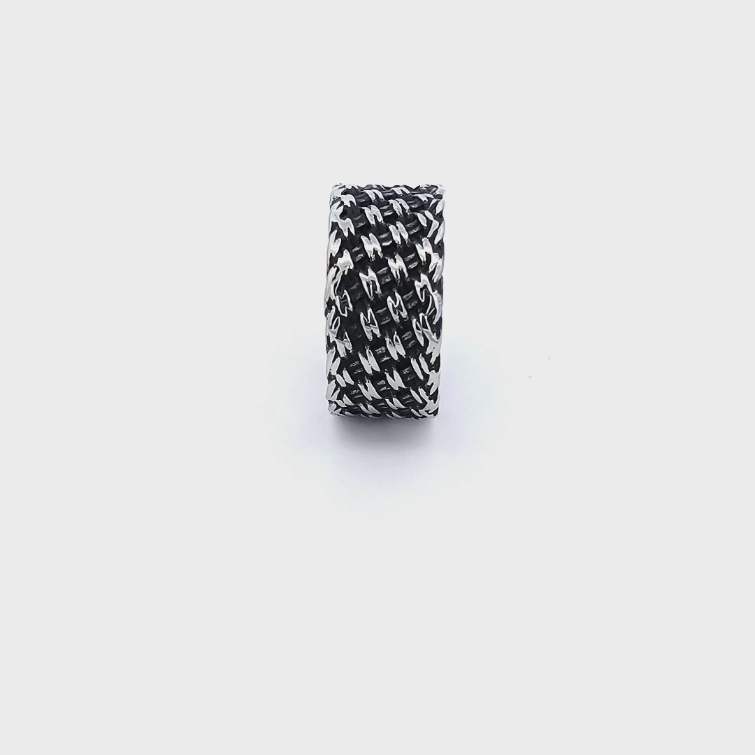 Antiqued Silver Tone Stainless Steel Cross-Weave Woven Pattern Ring