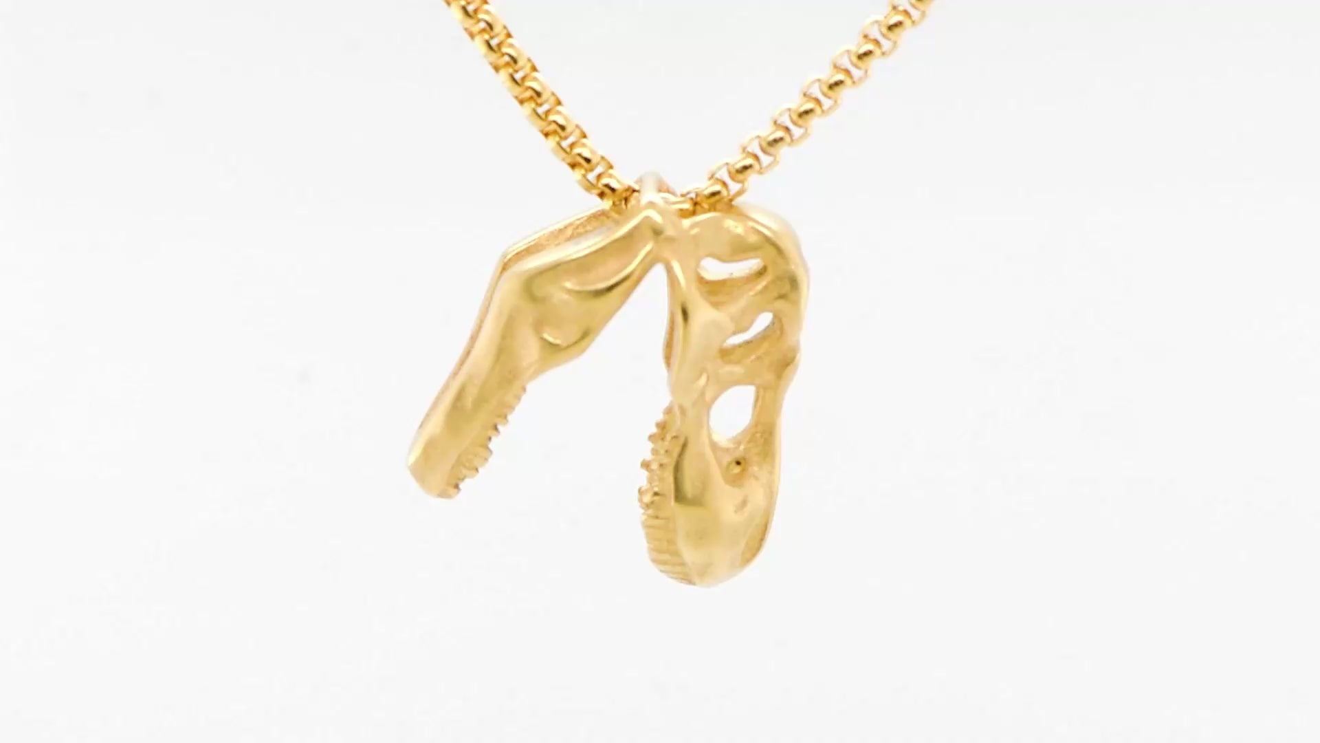 18K Gold Ion Plated Distressed Matte Stainless Steel T-Rex Skull Pendant with Chain