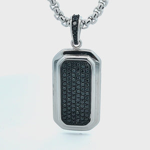 Silver Stainless Steel and Black CZ Inlay Dog Tag Pendant with Chain