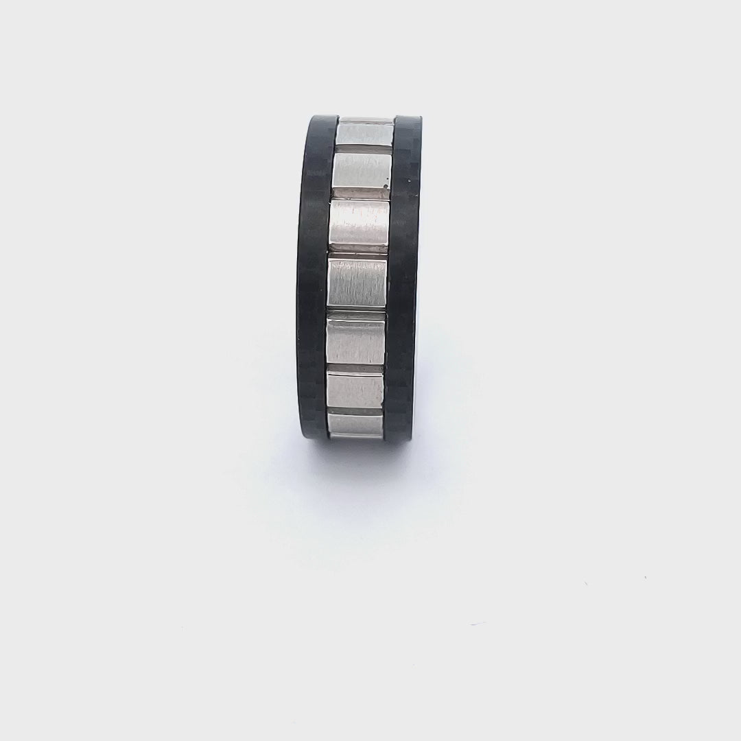 Silver Tone Stainless Steel Large Ridged Center Band with Carbon Fiber Detail