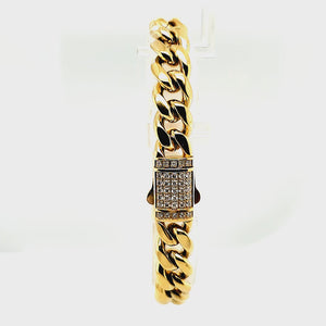 Lab Grown Diamond 18K Gold Ion Plated Stainless Steel 10mm Miami Cuban Chain Bracelet with Double Tab Box Clasp