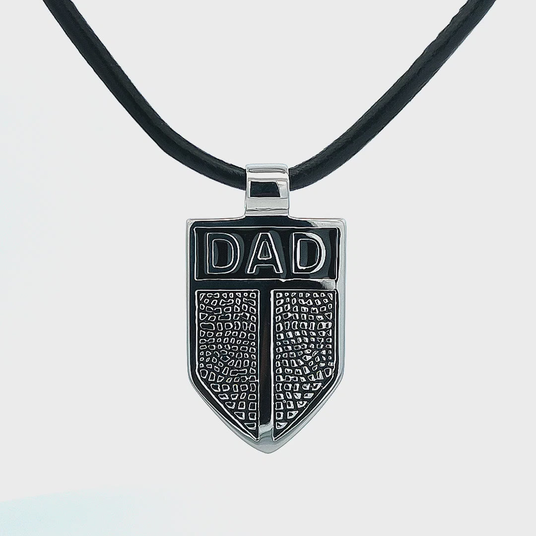 Antiqued Silver Tone Stainless Steel Dad Shield Pendant
