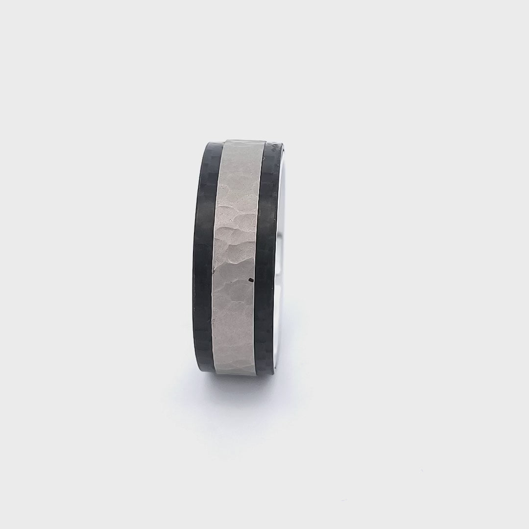 Silver Tone Stainless Steel Hammered Band with Carbon Fiber Detail