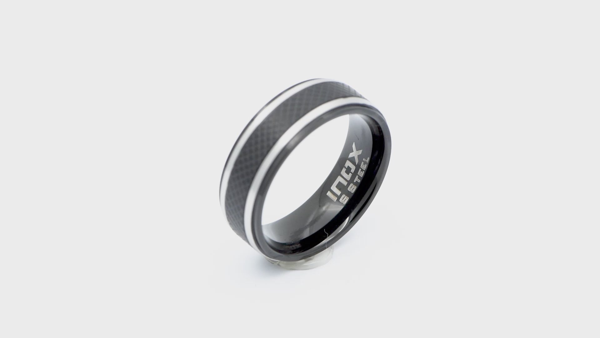 Black and Silver Tone Stainless Steel Matte Finish Quilt Pattern Band Ring