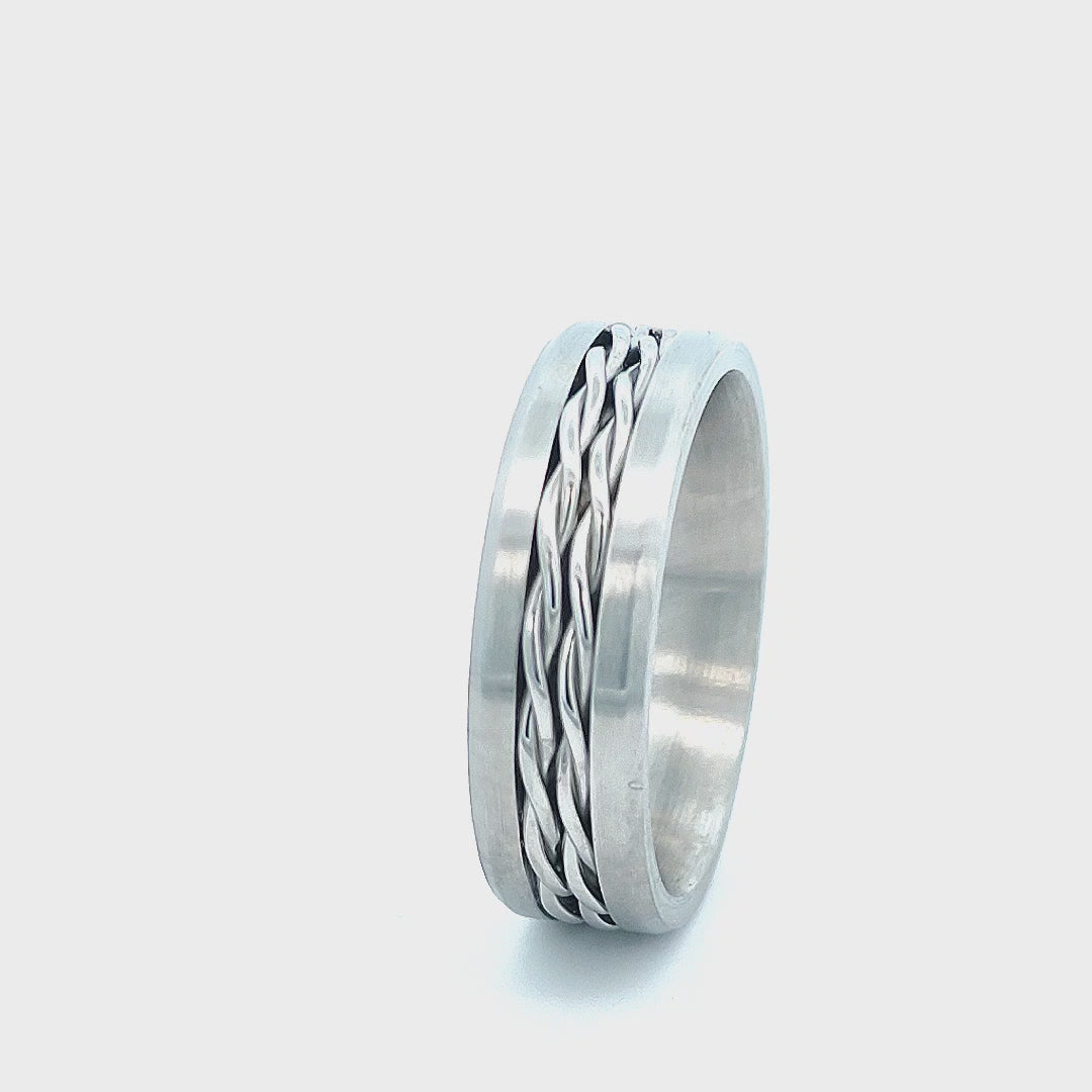 Silver Tone Stainless Steel with Intertwined Cables 7mm Band Ring