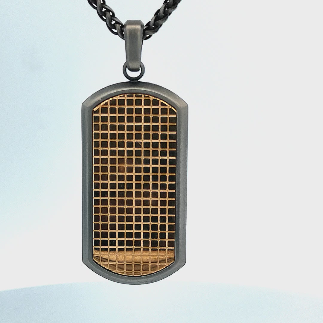 Gunmetal Silver Tone and Golden Tone Stainless Steel Grid Pattern Inlaid Tag Pendant with Chain