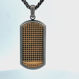Gold and Black Stainless Steel Gunmetal Grid Pattern Inlaid Dog Tag Pendant with Chain