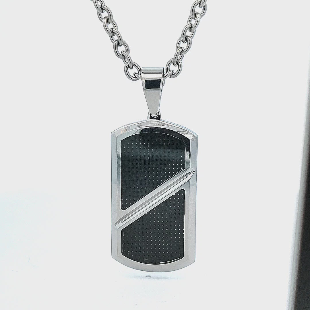 Silver Tone Stainless Steel with Inlaid Black Carbon Fiber ID Tag