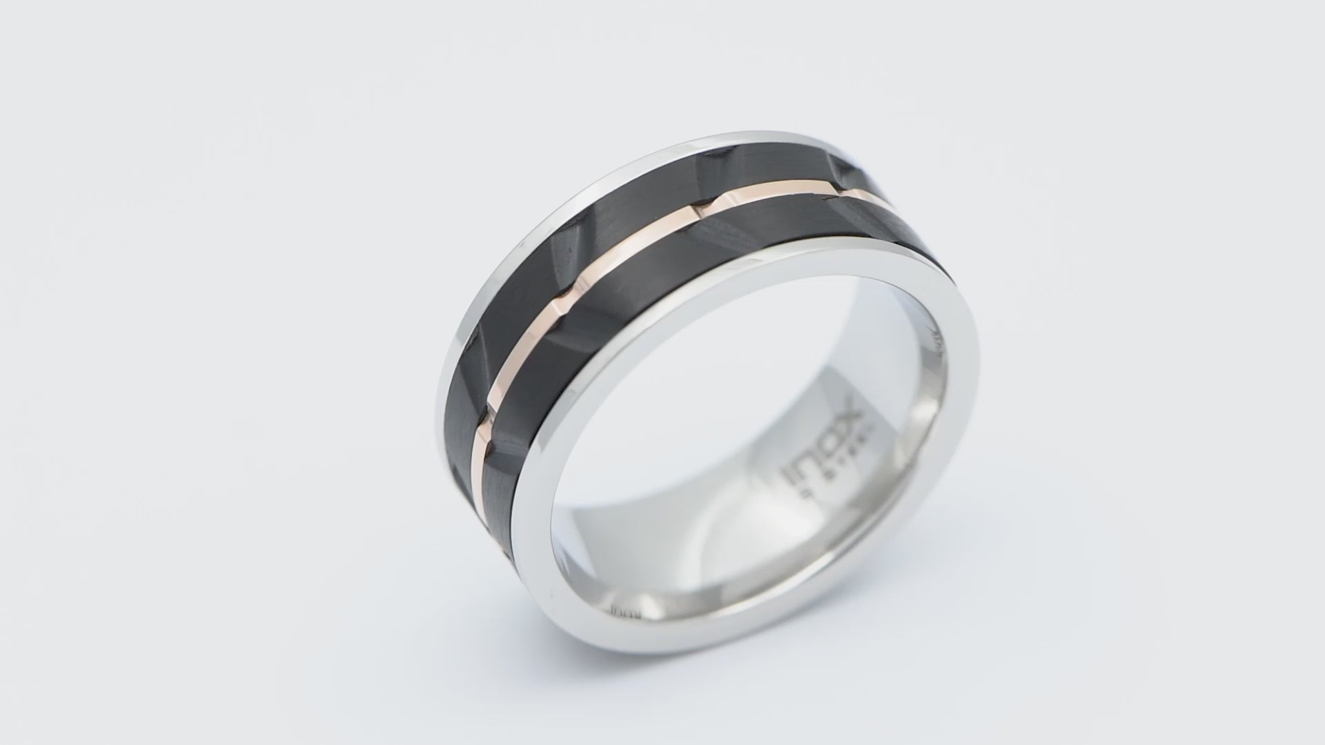 Black and Rose Tone Stainless Steel Matte Finish Raised Wave Accent Inlaid Band Ring