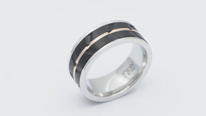 Black and Rose Gold Stainless Steel Matte Finish Raised Wave Accent Inlaid Band Ring