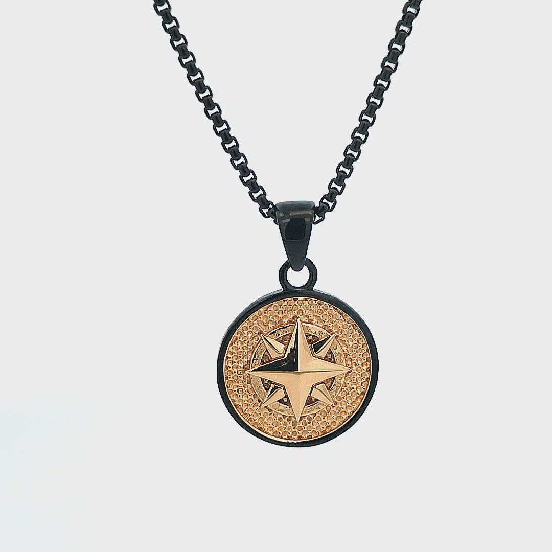 18K Gold Ion Plated Black Tone Stainless Steel Wayfinder Compass Medallion Pendant with Box Chain