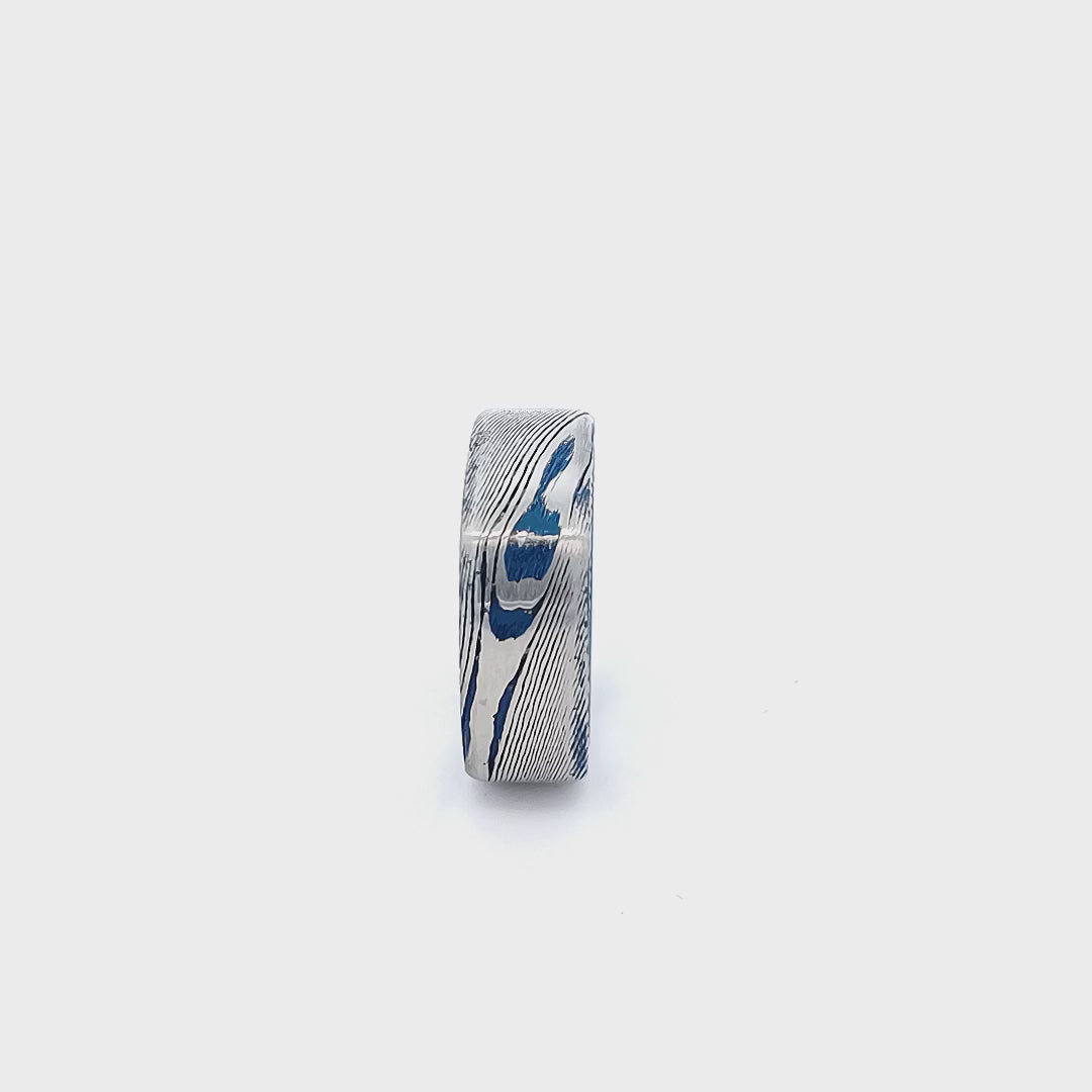 Damascus Steel Blue and Silver Tone 8mm Matte Square Ring