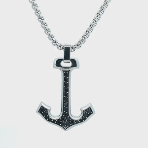 Silver Stainless Steel Black CZ Inlaid Anchor Design Pendant with Chain