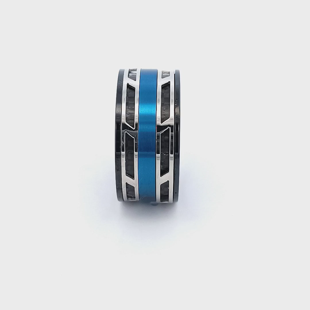 Silver Tone, Blue and Black Stainless Steel with Inlaid Carbon Fiber Ring