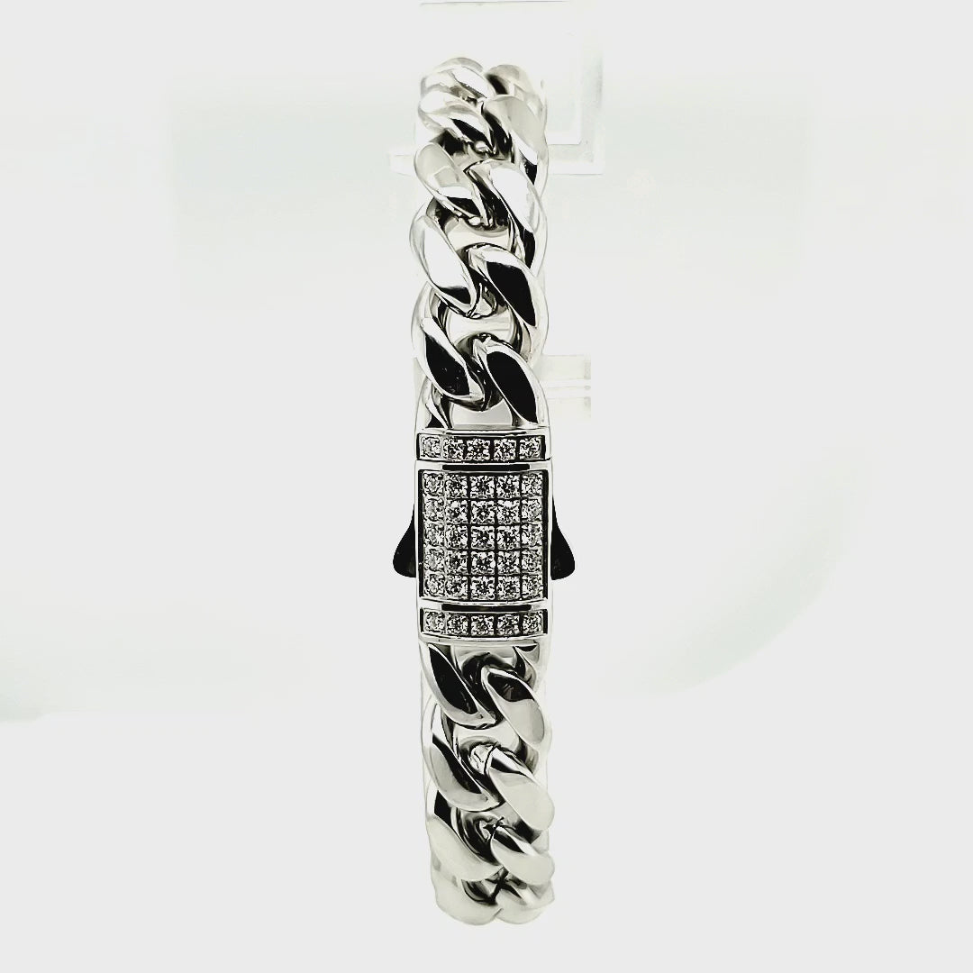 Lab Grown Diamond Silver Tone Stainless Steel 12mm Miami Cuban Chain Bracelet with Double Tab Box Clasp