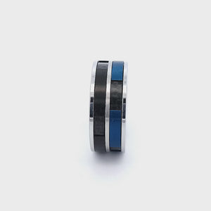Blue, Black and Silver Tone Stainless Steel Carbon Fiber Double Band Ring