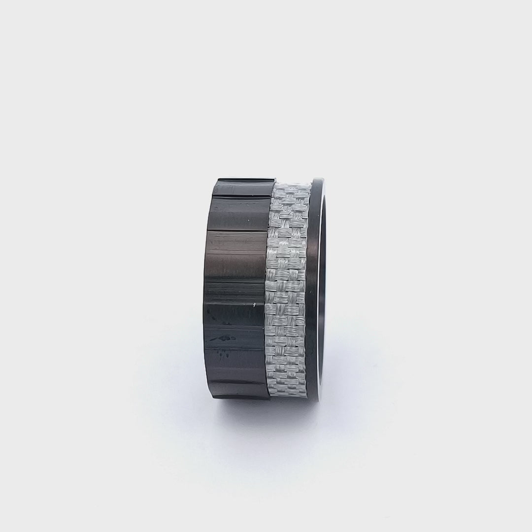 Blue and Black Stainless Steel with Gray Carbon Fiber Banded Block Ring