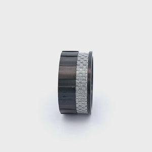 Blue & Black Stainless Steel with Gray Carbon Fiber Banded Block Ring