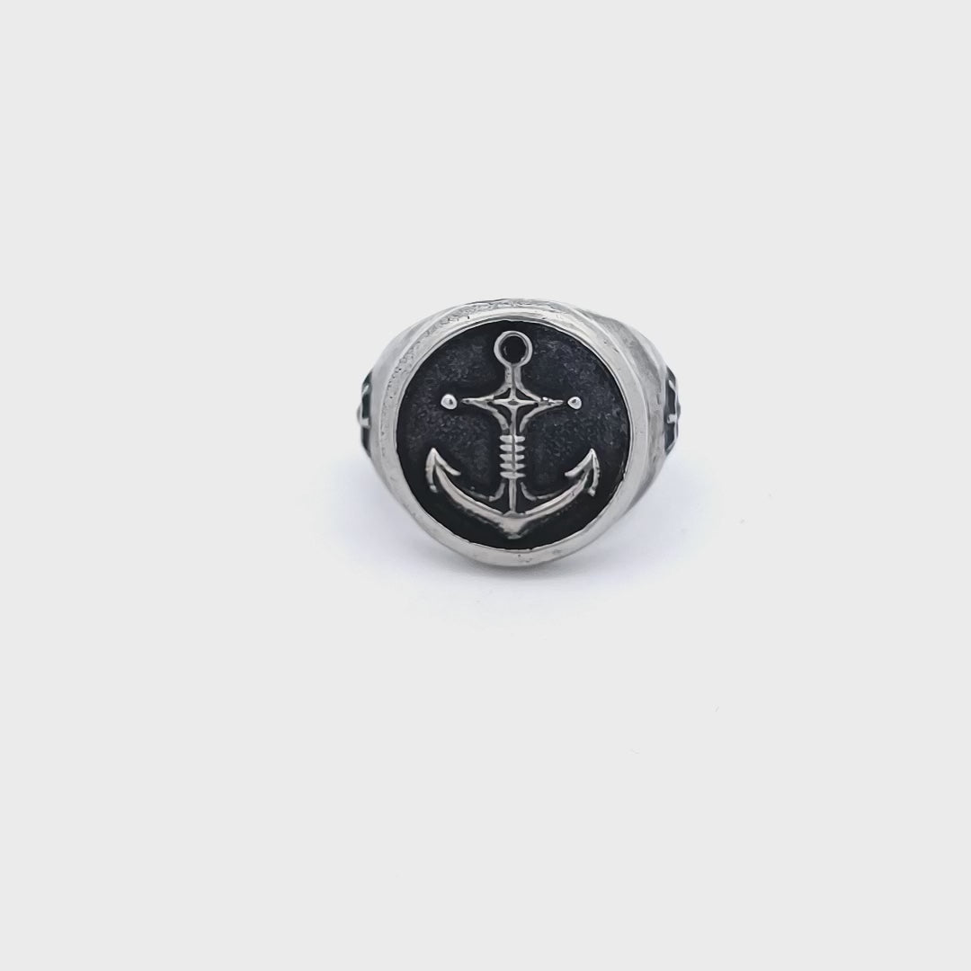 Silver Tone Stainless Steel Oxidized Finish Vintage Anchor Ring