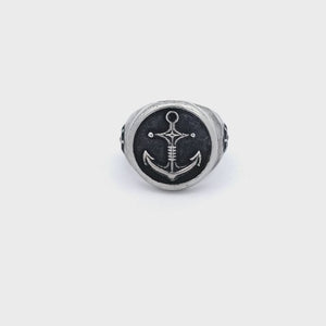 Silver Stainless Steel Oxidized Finish Vintage Anchor Ring