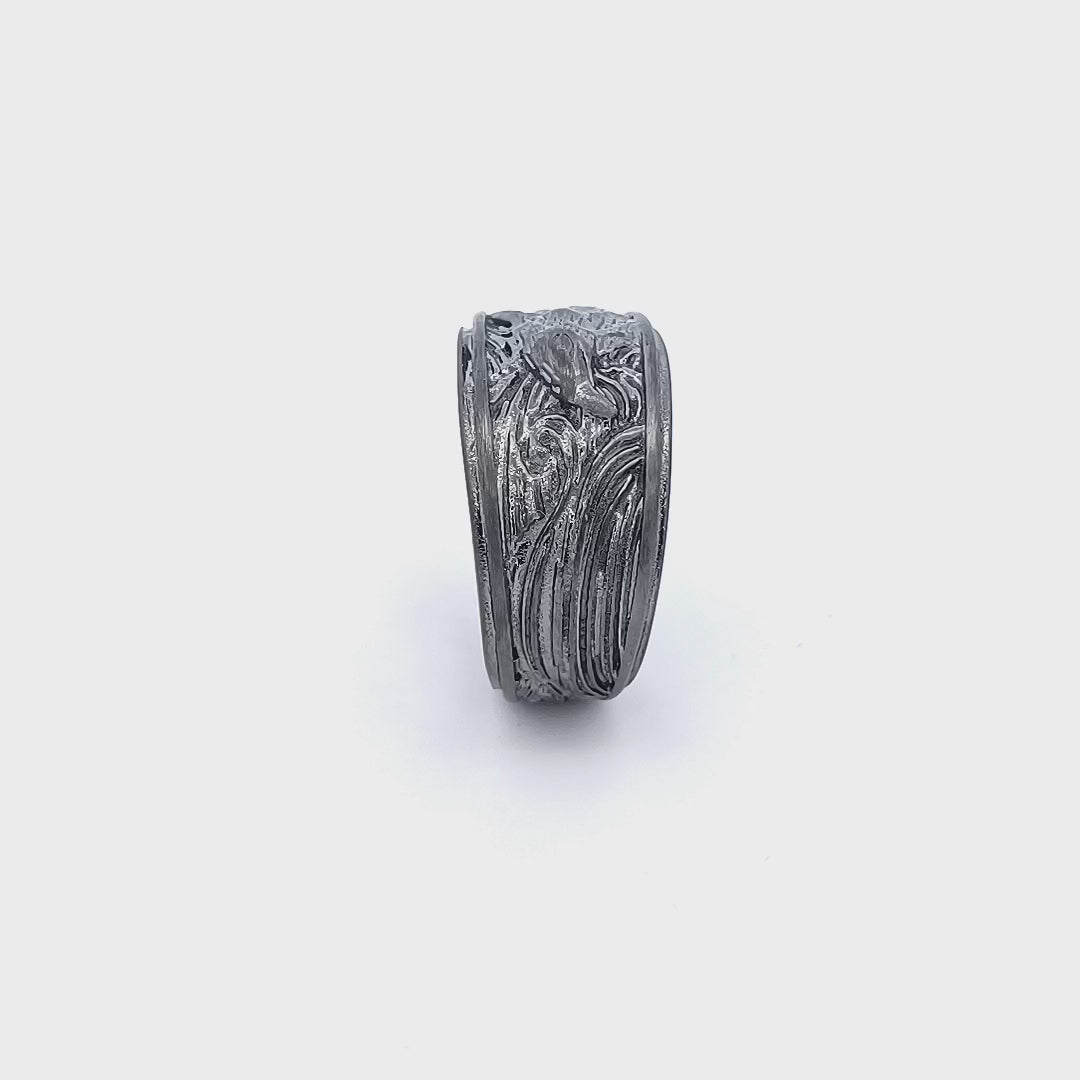 Silver Tone Stainless Steel Oxidized Finish Brushed Eagle Band Ring