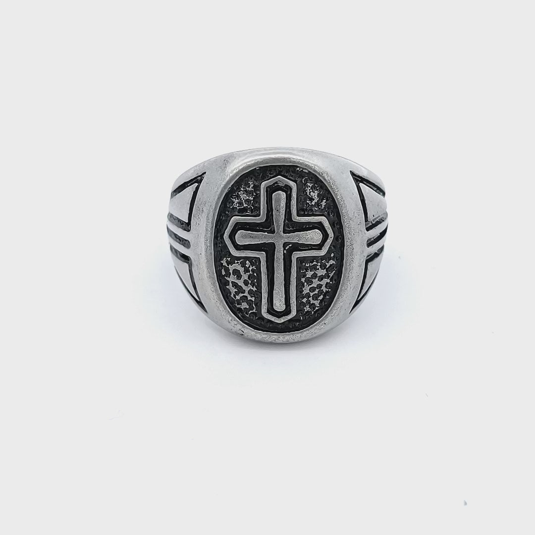 Antiqued Silver Tone Stainless Steel Gothic Cross Ring