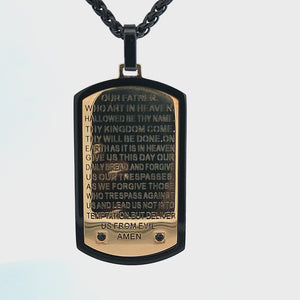Gold Stainless Steel Black CZ Accented Religious Prayer Dog Tag Pendant with Chain