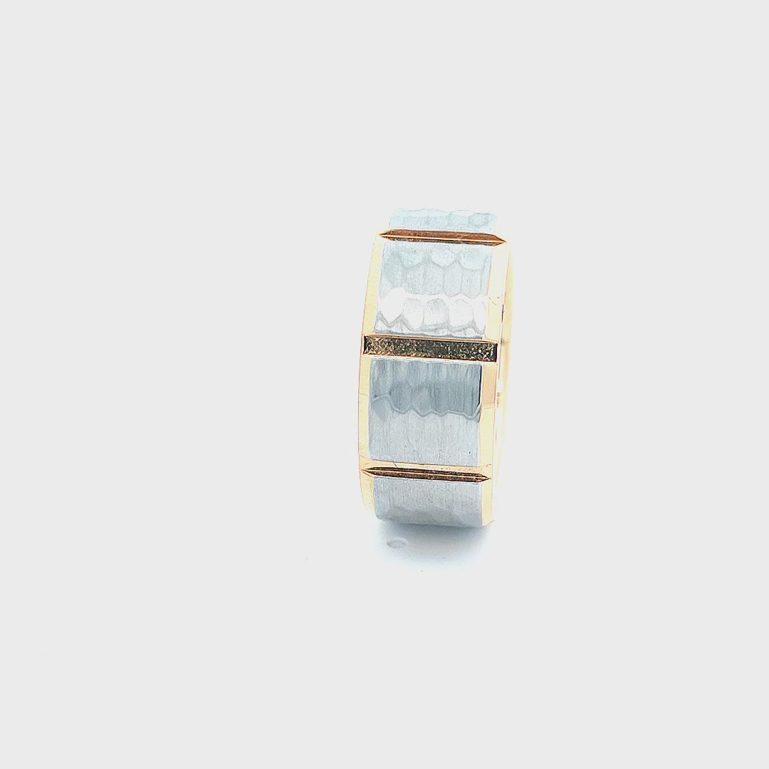 Golden and Silver Tone Stainless Steel Hammered Finish Modern Block Band Ring