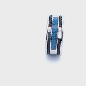 Silver Tone Stainless Steel Black Cable and Blue Carbon Fiber Ring