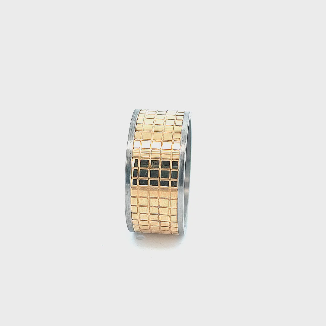 18K Golden Tone Ion Plated Stainless Steel Gunmetal Border with Grid Inlay Ring