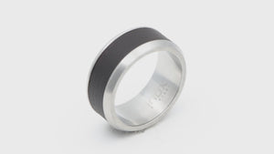 Silver and Black Stainless Steel Matte Finish Safflower Pear Wood Inlaid Band Ring