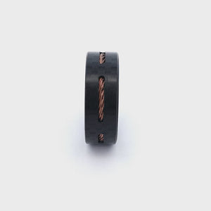 Black Stainless Steel Solid Carbon Fiber and Brown Cable Inlaid Band Ring