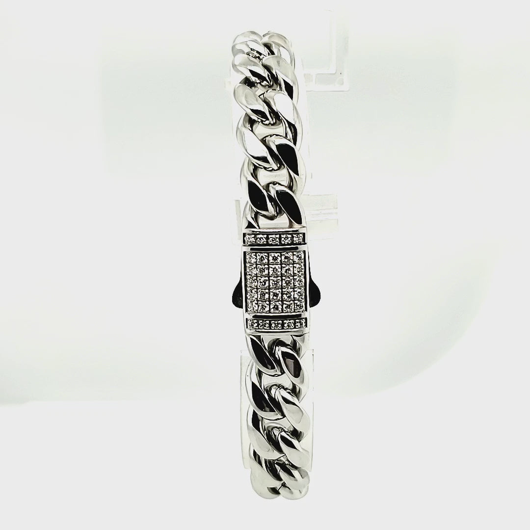 Lab Grown Diamond Silver Tone Stainless Steel 10mm Miami Cuban Chain Bracelet with Double Tab Box Clasp