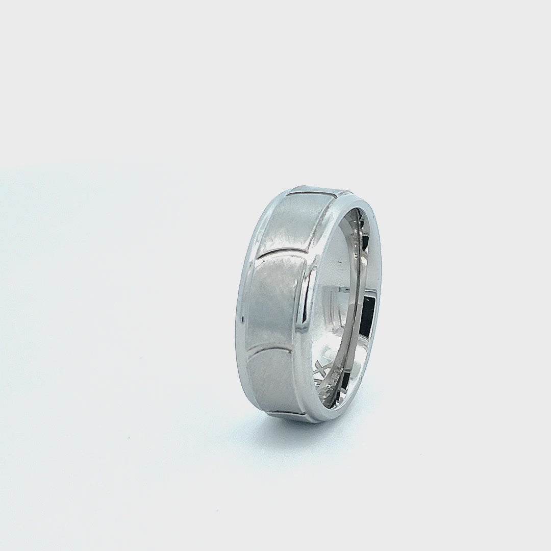 Silver Tone Stainless Steel Brushed with Grooved Beveled Ring
